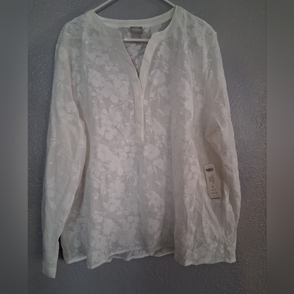 Chico's NWT Roll Tab Half Placket Embroidered Floral Popover Top 4/20